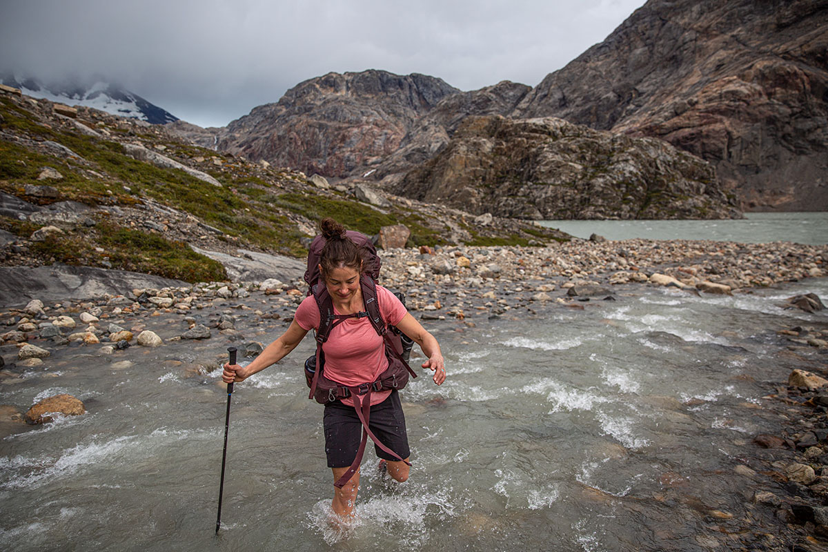 Crossing water crossing in Arc'teryx Sabria hiking shorts
